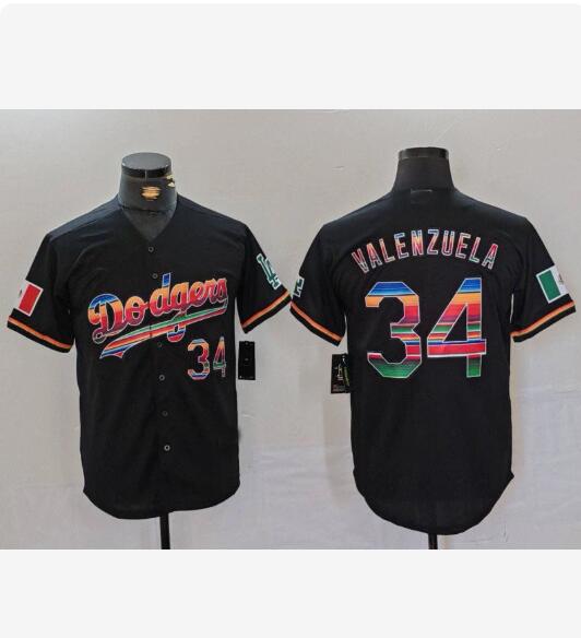 LA.Dodgers #34 Fernando Valenzuela Player Black Rainbow Mexico Cool Base Stitched Baseball Jersey