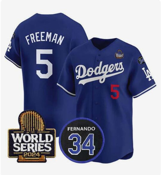 LA.Dodgers #5 Freddie Freeman Player Royal World Series With Fernando Memorial Patch Limited Stitched