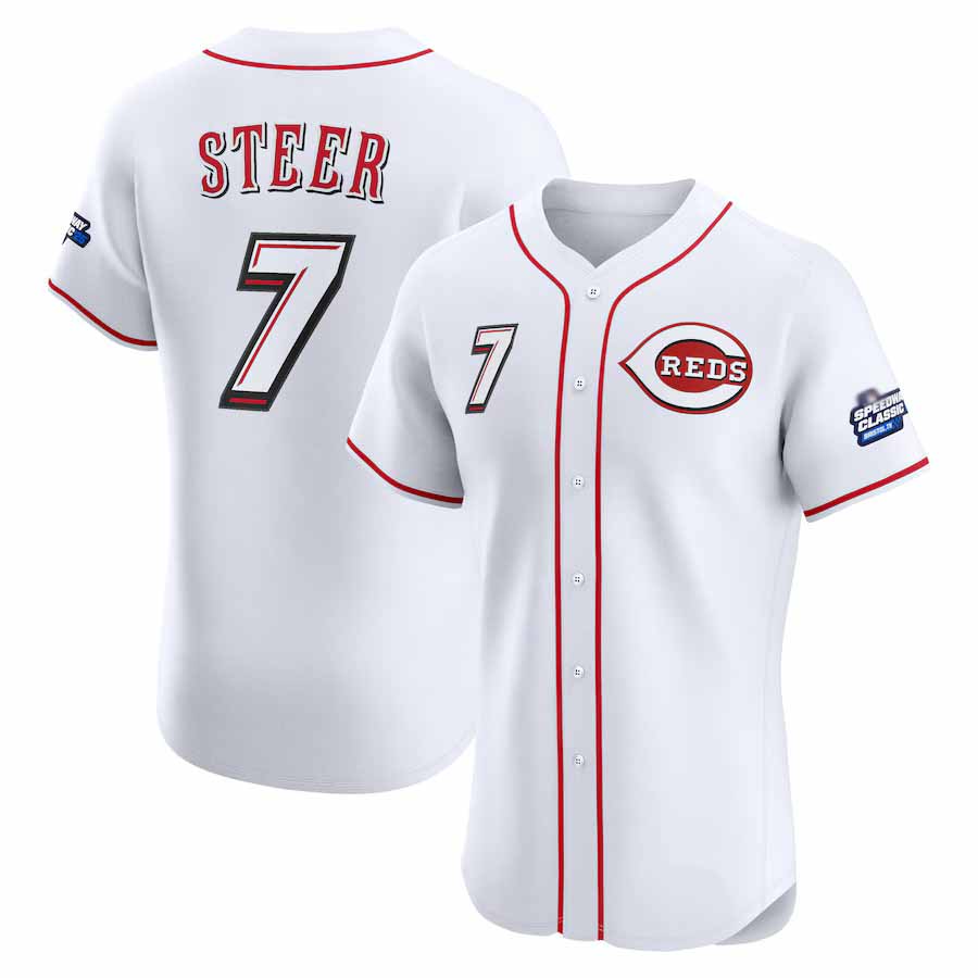 Cincinnati Reds #7 Spencer Steer White 2025 Speedway Classic Home Elite Player Stitched Baseball Jersey