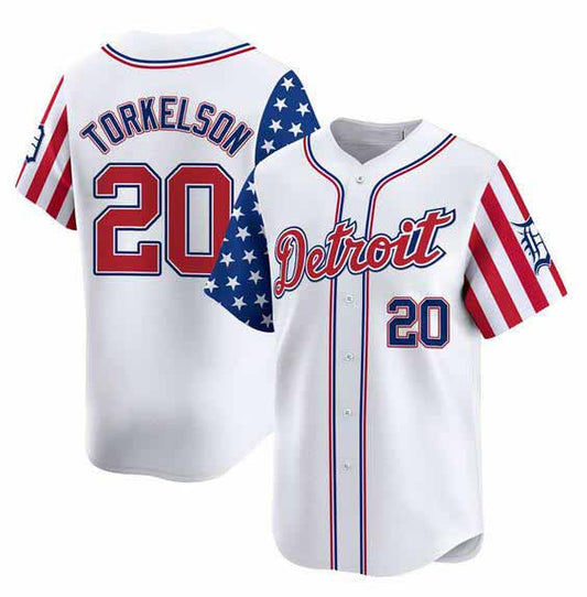 Detroit Tigers #20 Spencer Torkelson White 2025 Independence Day Vapor Premier Limited Stitched Baseball Jersey