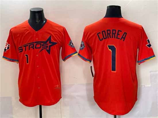 Houston Astros #1 Carlos Correa Orange 2025 City Connect With Texas Patch Limited Stitched Baseball Jersey