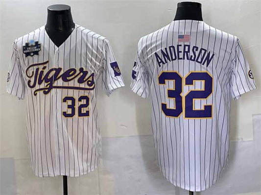 L.Tigers #32 Kade Anderson White Pinstripe 2025 World Series Stitched Baseball American College Jerseys