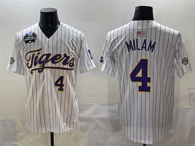L.Tigers #4 Steven Milam White Pinstripe 2025 World Series Stitched Baseball American College Jerseys