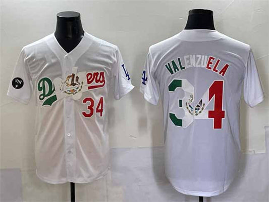 Los Angeles Dodgers #34 Fernando Valenzuela White Mexico Special Vin Scully Patch Stitched Baseball Jersey