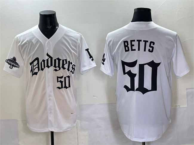 Los Angeles Dodgers #50 Mookie Betts White 2025 LA Gothic Style With 2024 World Series Champions Patch Vapor Premier Limited Stitched Baseball Jersey