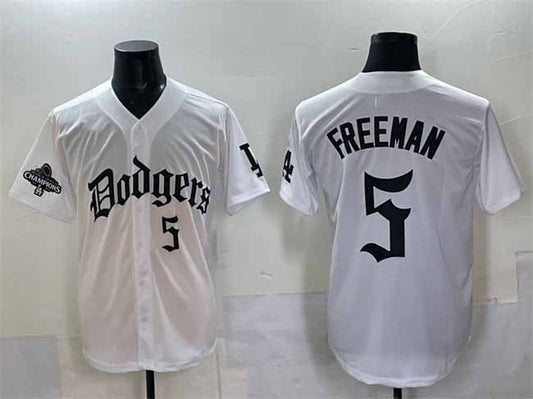 Los Angeles Dodgers #5 Freddie Freeman White 2025 LA Gothic Style With 2024 World Series Champions Patch Vapor Premier Limited Stitched Baseball Jersey