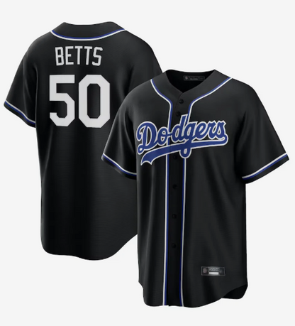 LA.Dodgers #50 Mookie Betts Player Black Lights Out Replica Baseball Jerseys