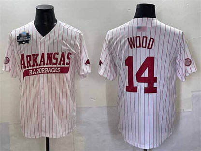 A.Razorbacks #14 Gage Wood White Pinstripe 2025 World Series Stitched American College Jerseys