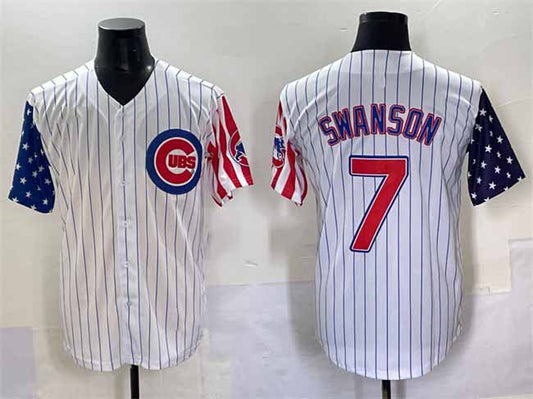 Chicago Cubs #7 Dansby Swanson White Pinstripe 2025 Independence Day Vapor Premier Limited Stitched Baseball Jersey
