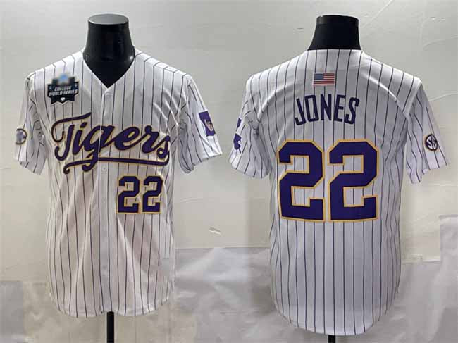 L.Tigers #22 Jared Jones White Pinstripe 2025 World Series Stitched Baseball American College Jerseys