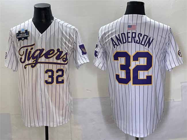 L.Tigers #32 Kade Anderson White Pinstripe 2025 World Series Stitched Baseball American College Jerseys