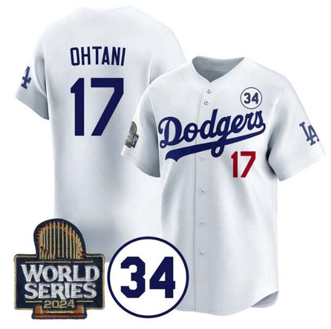 Los Angeles Dodgers #17 Shohei Ohtani White 2024 World Series With No. 34 Patch Limited Stitched Baseball Jersey