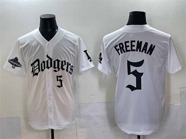Los Angeles Dodgers #5 Freddie Freeman White 2025 LA Gothic Style With 2024 World Series Champions Patch Vapor Premier Limited Stitched Baseball Jersey