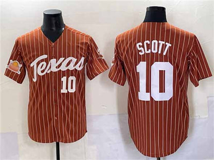 T.Longhorns #10 Mia Scott Orange Pinstripe 2025 Softball National Champions Stitched American College Jerseys